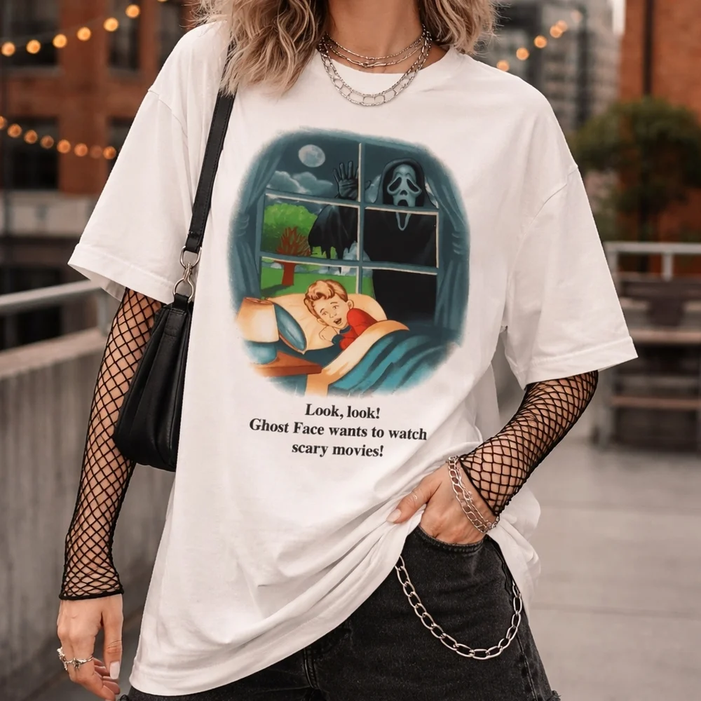 'GHOST FACE'๐ฑ"Look,look" White Graphic Horror Tee in EUC 100% Cotton Sz L - Picture 1 of 10
